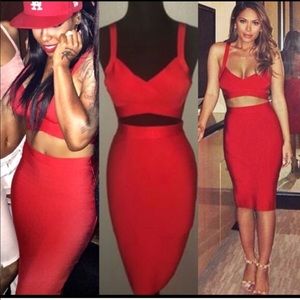 Red bandage two piece set skirt crop top L